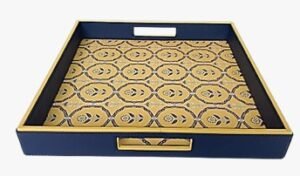 Blue Leaf Print Rectangle Leather TrayMRP