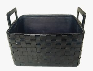 Dark Blue Leather Rectangle Storage Basket with Handles